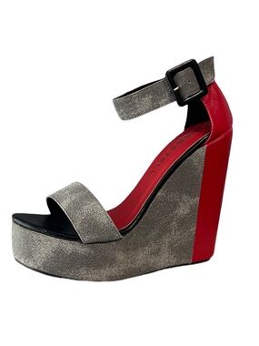 Y2K Red and Gray Colorblock Wedge Platform Sandals with Ankle Strap Sz 6.5